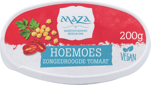 Foto van Maza Hoemoes zongedroogde tomaat op witte achtergrond