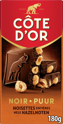 Foto van Côte d'Or Bloc chocoladereep puur hazelnoten op witte achtergrond