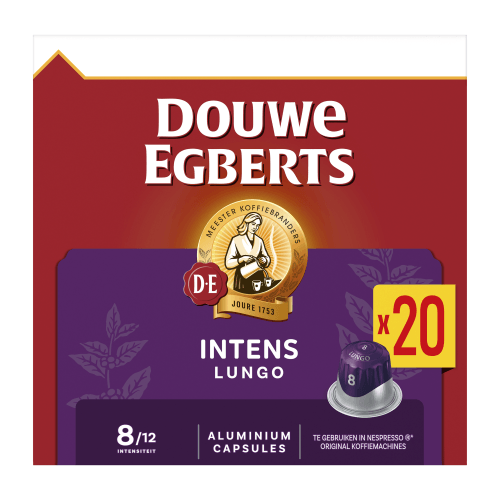 Foto van Douwe Egberts Lungo Intens koffiecups voordeelpak op witte achtergrond