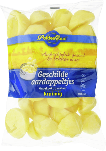 Foto van Poldergoud Geschilde aardappeltjes Kruimig ongekookt op witte achtergrond