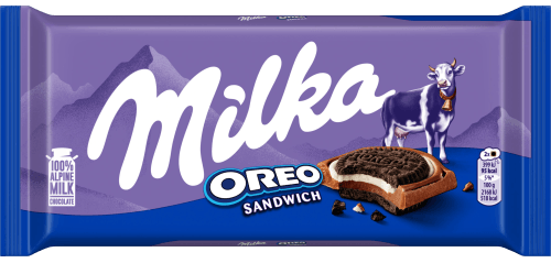 Foto van Milka Oreo sandwich op witte achtergrond