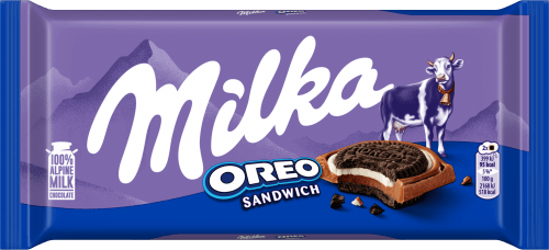 Foto van Milka Oreo sandwich op witte achtergrond