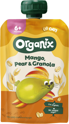 Foto van Organix Just mango pear granola 6 maanden op witte achtergrond