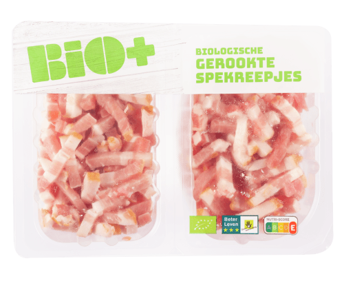 Foto van Bio+ Spekreepjes gerookt op witte achtergrond