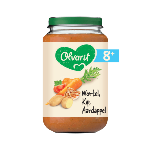Foto van Olvarit Maaltijdpotje 8+ maanden wortel-kip-aardappel op witte achtergrond