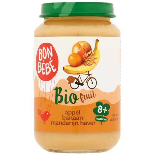 Foto van Bonbébé Fruithapje 8+ maanden appel-banaan-mandarijn-haver op witte achtergrond