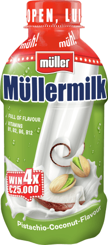 Foto van Müllermilk pistache kokosnoot op witte achtergrond