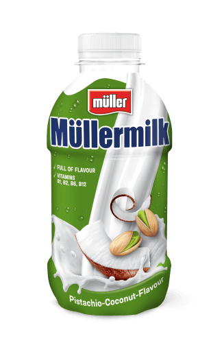 Foto van Müllermilk pistache kokosnoot op witte achtergrond