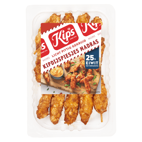 Foto van Kips Mini kipdijspiesjes madras op witte achtergrond