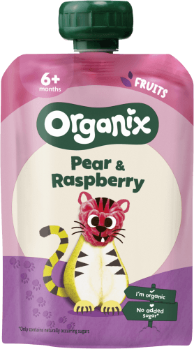 Foto van Organix Knijpzakje pear-raspberry 6+ maanden op witte achtergrond