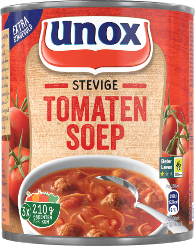 Foto van Unox Stevige tomatensoep op witte achtergrond