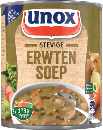 Foto van Unox Stevige erwtensoep op witte achtergrond