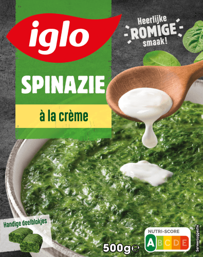 Foto van Iglo Spinazie a la creme deelblokje op witte achtergrond