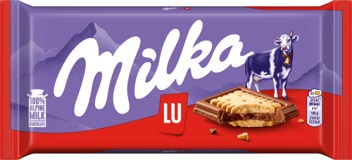 Foto van Milka Chocolade biscuit tablet lu op witte achtergrond