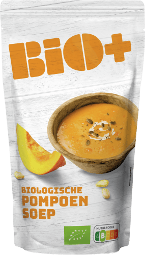 Foto van Bio+ Soep in zak pompoen op witte achtergrond