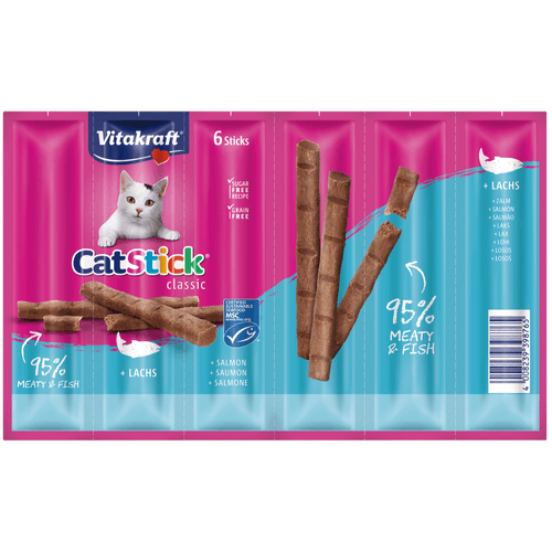 Foto van Vitakraft Kattensnacks sticks mini zalm 6 stuks op witte achtergrond