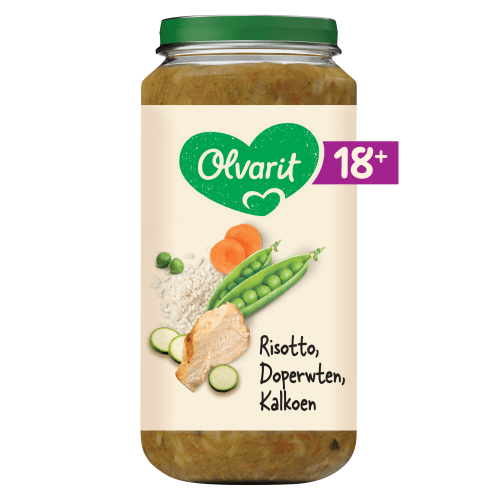 Foto van Olvarit 18+ Maanden Risotto Doperwten Kalkoen op witte achtergrond