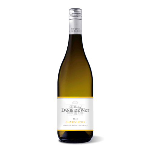 Foto van Danie de Wet White label chardonnay sur lie op witte achtergrond