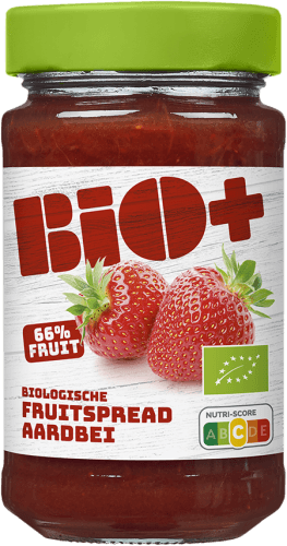 Foto van Bio+ Fruitspread aardbeien op witte achtergrond