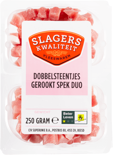 Foto van Slagerskwaliteit Dobblesteentjes spek gerookt op witte achtergrond