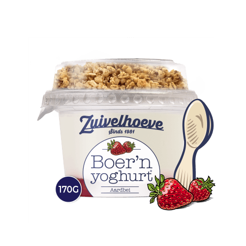 Foto van Zuivelhoeve Boern yoghurt muesli aardbei op witte achtergrond