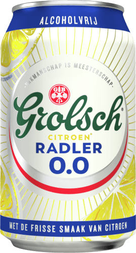 Foto van Grolsch Radler alcoholvrij citroen op witte achtergrond