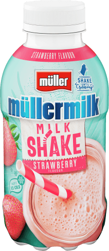 Foto van Müllermilk Milkshake aardbei op witte achtergrond