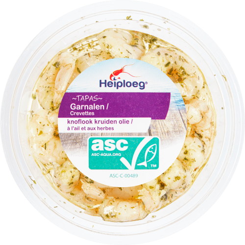 Foto van Heiploeg Garnalen in knoflook olie op witte achtergrond