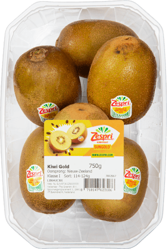 Foto van Zespri Kiwi gold verpakt op witte achtergrond