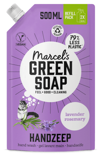 Foto van Marcel's Green Soap Vloeibare zeeppomp navulling lavender & rosemary op witte achtergrond