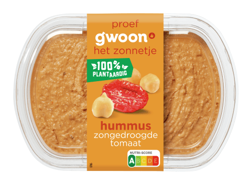 Foto van G'woon Hummus tomaat op witte achtergrond