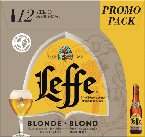 Foto van Leffe Blond 12x33 cl op witte achtergrond