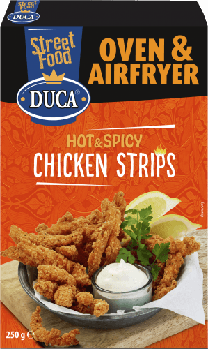 Foto van Duca Hot & spicy chicken strips op witte achtergrond