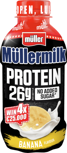 Foto van Müllermilk protein banaan op witte achtergrond