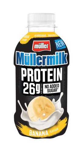 Foto van Müllermilk protein banaan op witte achtergrond