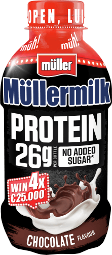 Foto van Müllermilk protein chocolade op witte achtergrond