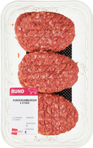Foto van DekaVers runderhamburger met plantaardig eiwit op witte achtergrond
