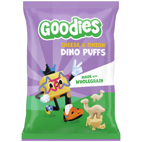 Foto van GOODIES Dino puffs cheese&onion op witte achtergrond