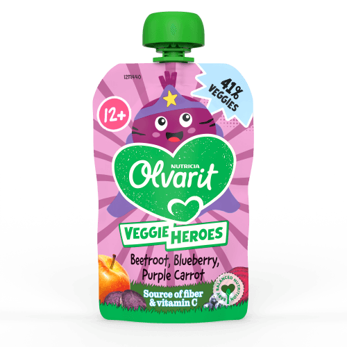 Foto van Olvarit Veggies 12+ maanden biet-bosbes-paarse wortel op witte achtergrond