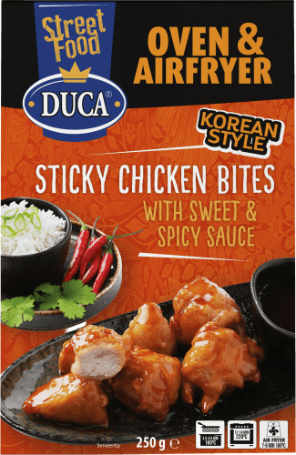 Foto van Duca Sticky chicken bites sweet&spicy op witte achtergrond