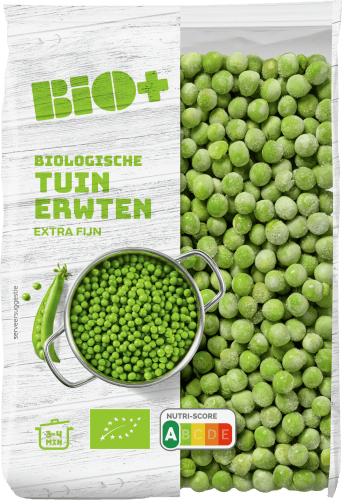 Foto van Bio+ Tuinerwten diepgevroren op witte achtergrond