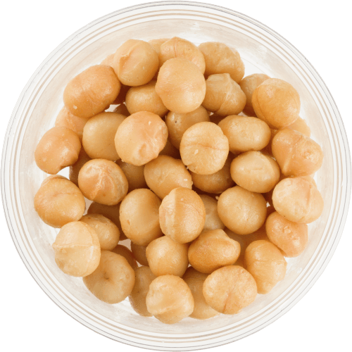 Foto van Notenbeurs Macadamias gezouten op witte achtergrond