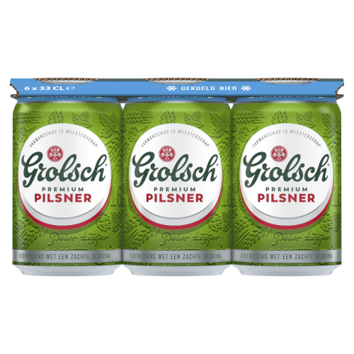 Foto van Grolsch Pilsener 6x 33cl gekoeld op witte achtergrond