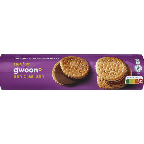 Foto van G'woon Biscuits duo chocosmaak op witte achtergrond