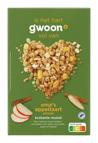 Foto van G'woon Premium krokante muesli appel-kaneel op witte achtergrond
