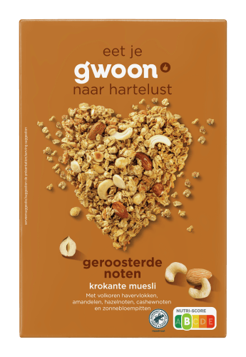 Foto van G'woon Premium krokante muesli noten op witte achtergrond