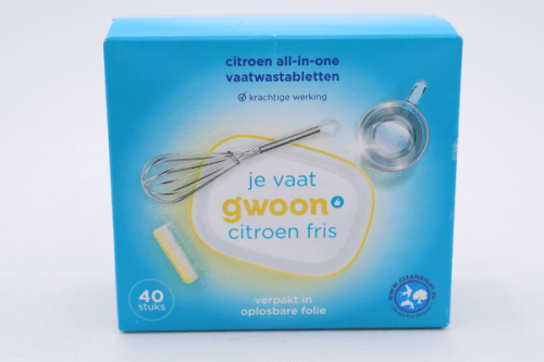 Foto van G'woon Vaatwastablet all in 1 citroen op witte achtergrond