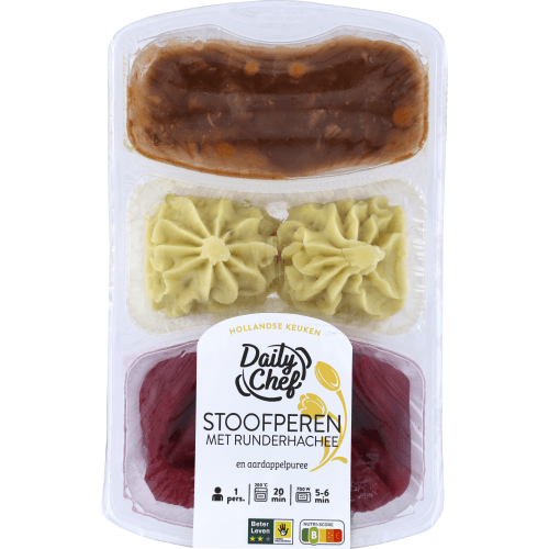 Foto van Daily Chef Stoofperen-puree met hachee op witte achtergrond