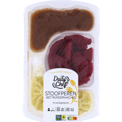 Foto van Daily Chef Stoofperen-puree met hachee op witte achtergrond