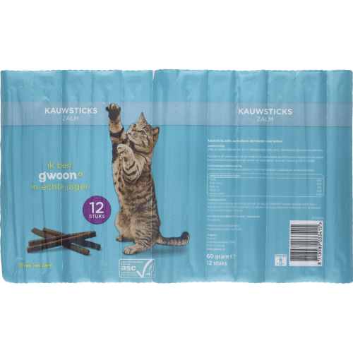Foto van G'woon Kattensnacks sticks zalm 12 stuks op witte achtergrond